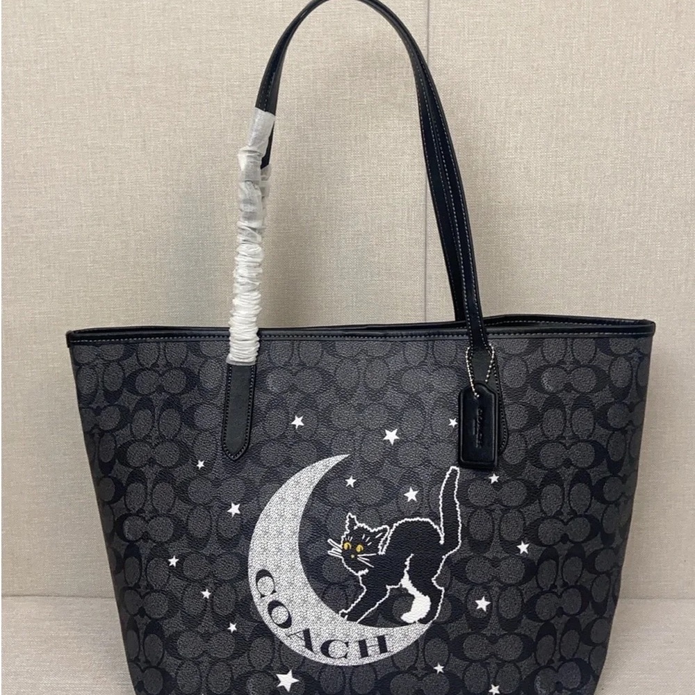 COACH City Tote in Signature Canvas with Halloween Cat & Moon Print